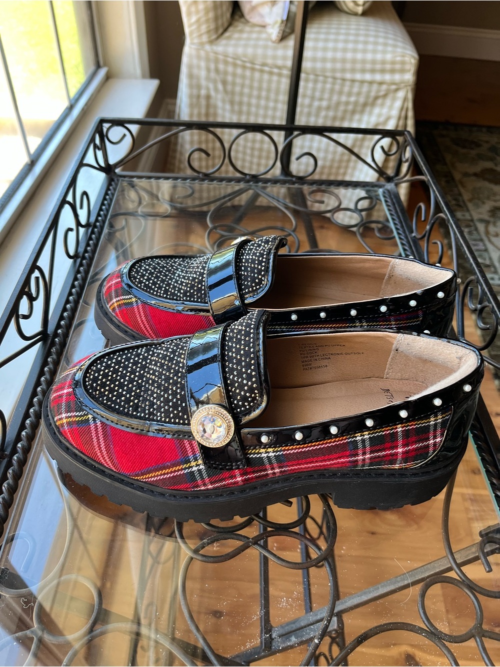 Betsey Johnson Black Patent & Red Plaid Loafers with Stud Detail - Picture 4 of 5